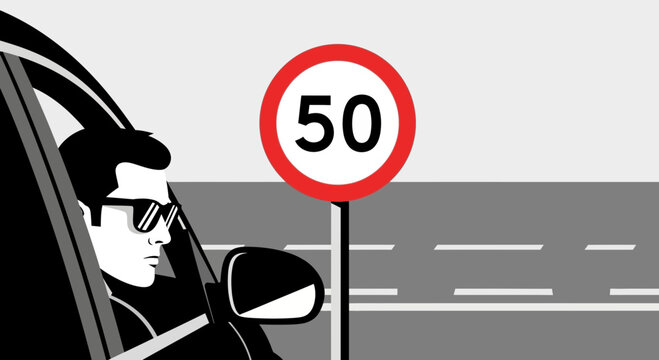 Man Driving Car Near 50 Speed Limit Sign On The Road Trip Illustration