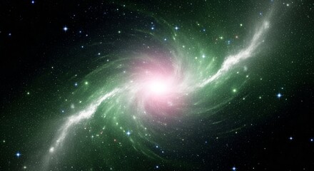 Naklejka premium Swirling Green and Pink Galaxy Nebula with Bright Stars and Cosmic Dust space cosmos hd photo download.