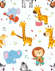 Cute animals playing musical instruments.  Repeat pattern