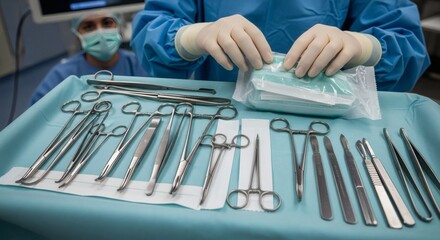 Surgical instruments meticulously arranged on a sterile cloth, with gloved hands preparing medical supplies, and a surgeon in the background.