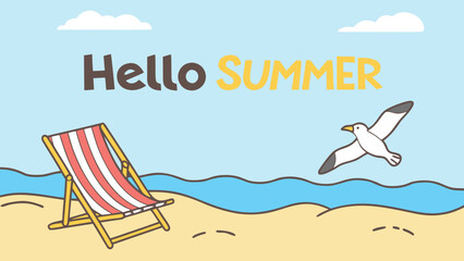 Hello Summer Minimal Flat Vector Illustration of Summer Beach Scene with Striped Deck Chairs, Seagull, Ocean Waves, Holiday and Vacation Background