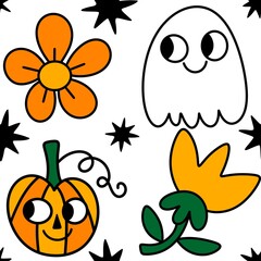 Autumn harvest vegetable seamless monster Halloween pumpkins pattern for wrapping paper and fabrics