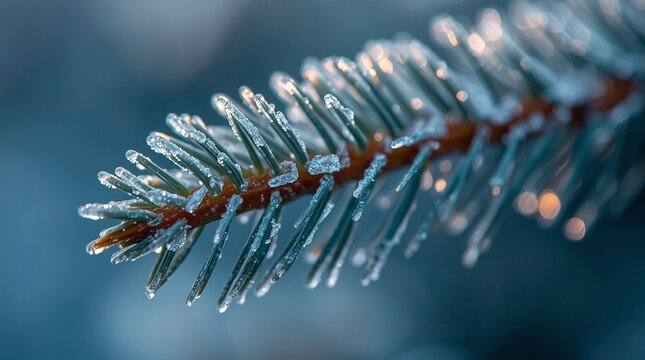 Macro closeup of pine branch with frozen ice crystals on needles, winter nature background with frost and bokeh lights, cold season Christmas and holiday concept natural texture photography
