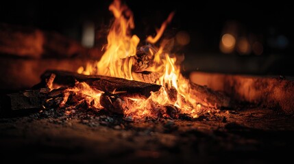 Closeup View Of A Vivid Campfire Burning At Night, Bright Flames Illuminating The Dark Background, Embers Glow In The Center, Rustic And Wild