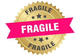 fragile. fragile round pink and gold label isolated on transparent background