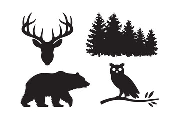 Majestic forest wildlife silhouettes featuring stag head bear owl and pine trees