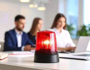 Red emergency light on desk, blurred businesspeople in background