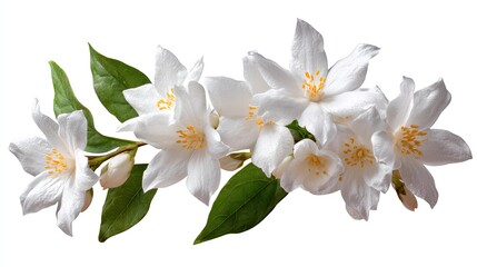 Obraz premium Closeup View Of Delicate White Blossoms On A Branch With Lush Green Leaves Against A Clean White Background A Stunning Floral Image Perfect For