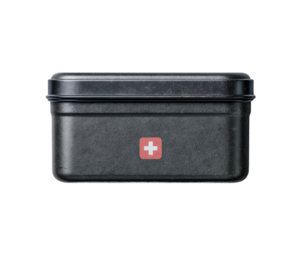 Black container with a red cross on it