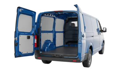 Blue cargo van with open doors for delivery service and transport vehicle for commercial use shown on transparent background
