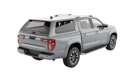 Gray pickup truck with canopy rear view for sale and auto transport and vehicle accessories deals now on transparent background