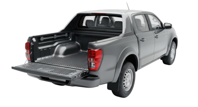 Pickup truck bed open view gray vehicle automotive transport cargo hauling transportation design style on transparent background