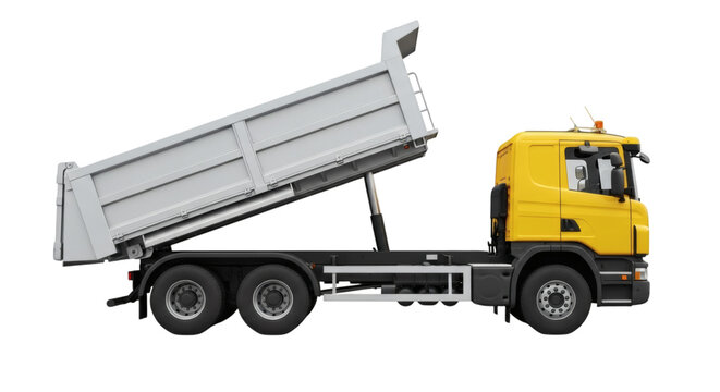 Yellow dump truck construction vehicle tipper lorry heavy equipment transportation side view isolated on transparent background