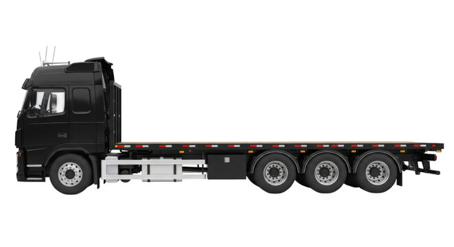 Black flatbed truck transportation vehicle trailer hauling logistics freight semi side view isolated image on transparent background