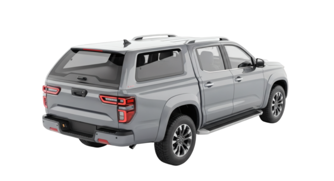 Gray pickup truck with canopy rear view for sale and auto transport and vehicle accessories deals now on transparent background
