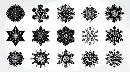 Vector illustration of a set of fifteen unique snowflake designs perfect for winter holiday and festive season decorations