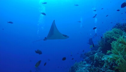 Underwater scene with stingray and coral reef