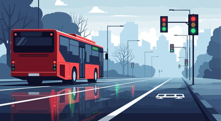 Obraz premium Modern Cityscape View With Bus At Wet Urban Road For Transportation