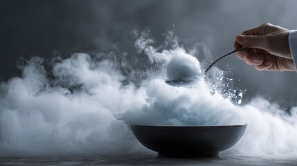 Hand Holding Spoon Over A Bowl Of Smoke, Dark Background