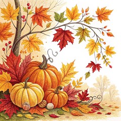 Autumn Border With Leaves And Pumpkins