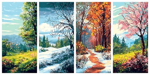 Poster set of four seasons. Winter fall summer spring. Nature scenery landscape. Trees foliage snow blooming flowers. Vector illustration