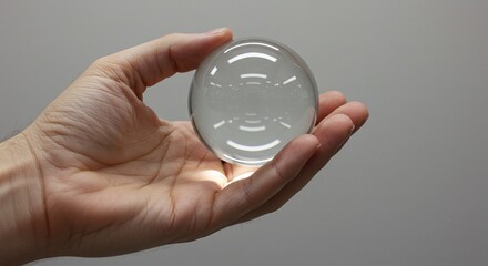 Hand Holding a Clear Crystal Ball Against a Gray Background.