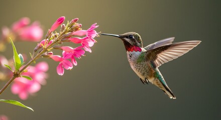 Fototapeta premium Hummingbird Feeding on Pink Flowers in Soft Focus Sunlight.