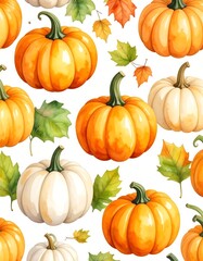 Watercolor pumpkins and autumn leaves pattern