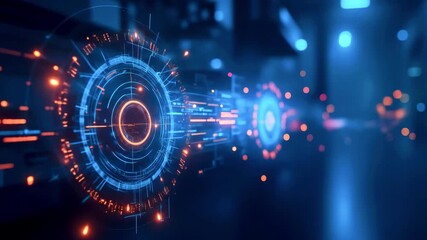 Futuristic digital interface with glowing circular patterns and data streams in a tech environment