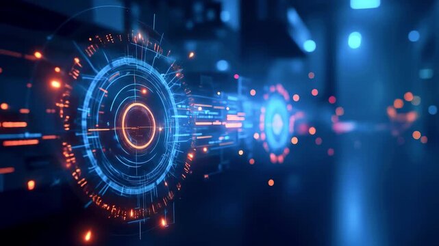 Futuristic digital interface with glowing circular patterns and data streams in a tech environment - Powered by Adobe