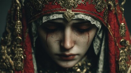 Medieval woman with ornate headdress and dramatic makeup