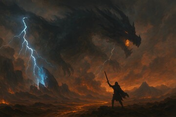 Hero raises sword against colossal storm dragon, amid orange ash clouds and crackling blue lightning, dramatic high-contrast digital painting, perfect for fantasy game cover.