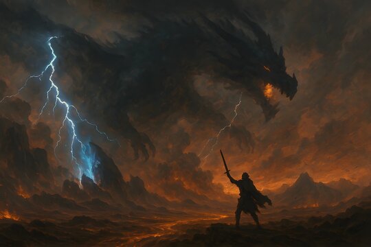 Hero raises sword against colossal storm dragon, amid orange ash clouds and crackling blue lightning, dramatic high-contrast digital painting, perfect for fantasy game cover. - Powered by Adobe