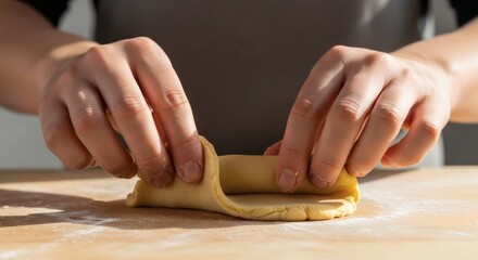 Hands skillfully shaping and folding raw dough on a flour-dusted wooden surface, preparing for baking.