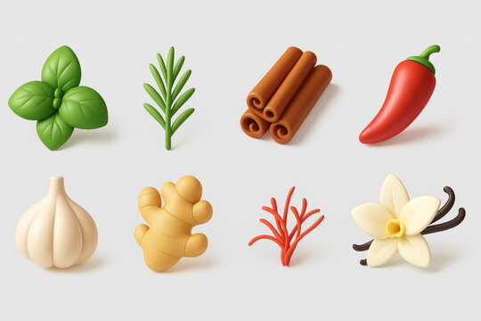 3D Culinary Herb & Spice Icons – Realistic Basil, Cinnamon, Chili & Vanilla for Food Design