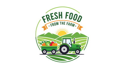 Vibrant Farm Fresh Food Logo with Green Tractor Hauling Organic Vegetables Through Fields Under a Bright Sun