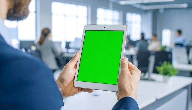 Man in suit holds tablet with green screen in busy office