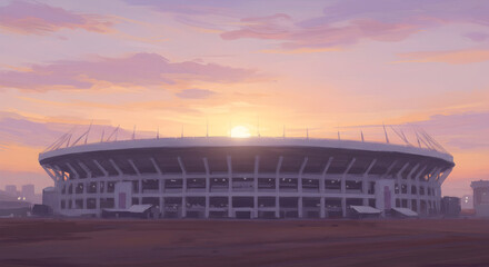 The stadium at dawn, impressionistic painting, soft light