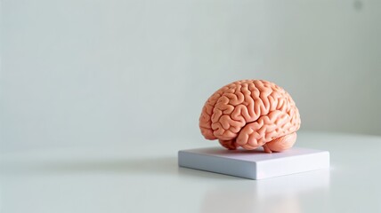 Realistic brain model on a pedestal with copy space on soft background for educational or medical themes
