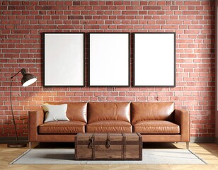 Living room interior with three blank framed posters above brown leather sofa against a brick wall