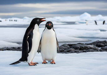 Obraz premium Emperor and king penguins stand on the snowy, icy shore of Antarctica, their black and white forms a striking contrast against the cold winter wildlife