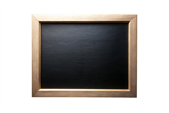 Blank black chalkboard with a wooden frame isolated on a white background, perfect for educational or artistic presentations.