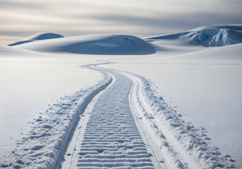 Obraz premium White, snowy road with fresh tracks winds through a frozen, winter landscape under a bright blue sky