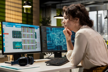 IT company expert analyzing data mining results with artificial intelligence, integrating cloud computing and automation tools to enhance efficiency on dual monitors. Business office.