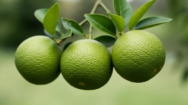 Unripe citrus fruit growing on tree branch green leaves fresh produce