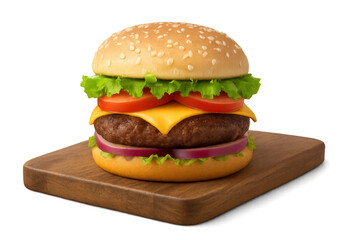 Delicious hamburger resting on wooden cutting board with transparent background