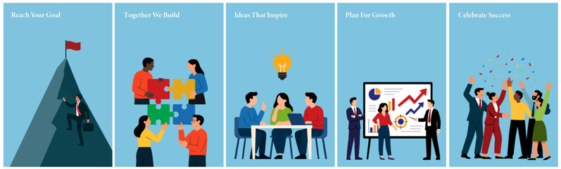 Business teamwork and collaboration illustration set with abstract office people, success, planning, brainstorming, presentation, and celebration posters, flat vector design.