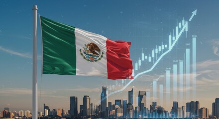 Mexico National Flag with City Skyline and Financial Growth Chart – Economic Concept