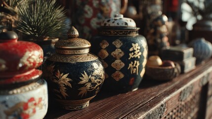 Exquisite Still Life Featuring Antique Asian Vases on a Wood Tabletop