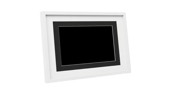 A slightly tilted white picture frame with a black matte board against a space for text
